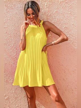 Zara Bright Yellow Pleated Halter Mini Dress - wedding guest dress